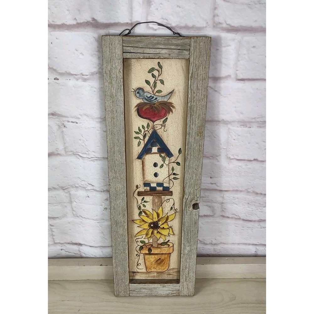 Vtg Signed Cottagecore Tole Rustic Wall Hanging Painted Birds Houses & Flowers